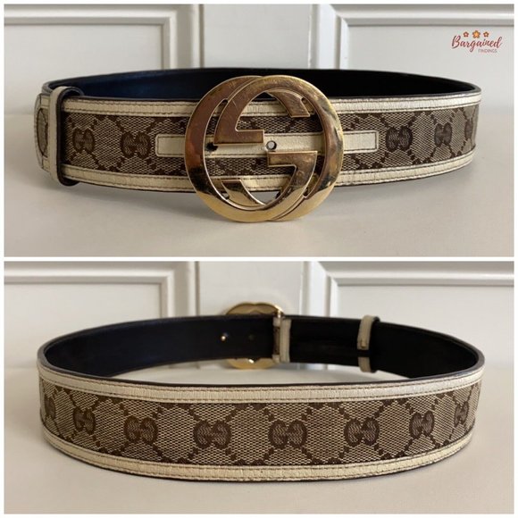 Authentic Gucci Cream Monogram Canvas Leather Interlocking G Buckle Belt 80/32 - Picture 5 of 13